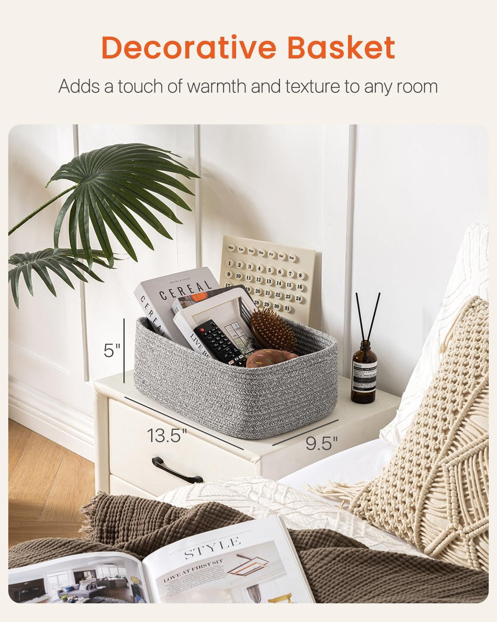 Small Woven Basket, 13.5 x 9.5 x 5 Inches, Storage Basket for Organizing, Cute Small Rope Shelf