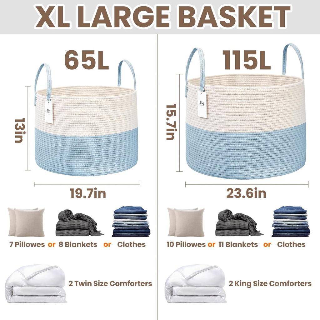 Woven Blanket Basket,115L Large Rope Storage Bin with Handles, Organizer for Blankets Toys Book and