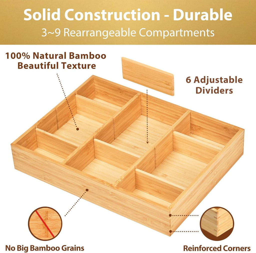 Umilife Desk Drawer Organizer, Bamboo Wood Organizer Tray with Adjustable Compartments, Office Desk