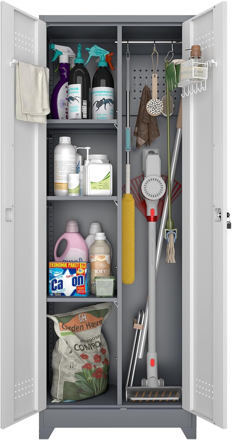 Broom Closet, Metal Storage Cabinet with Hanging Rod, 65" Broom Tool Organizer, Metal Cabinet with