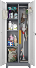 Broom Closet, Metal Storage Cabinet with Hanging Rod, 65" Broom Tool Organizer, Metal Cabinet with