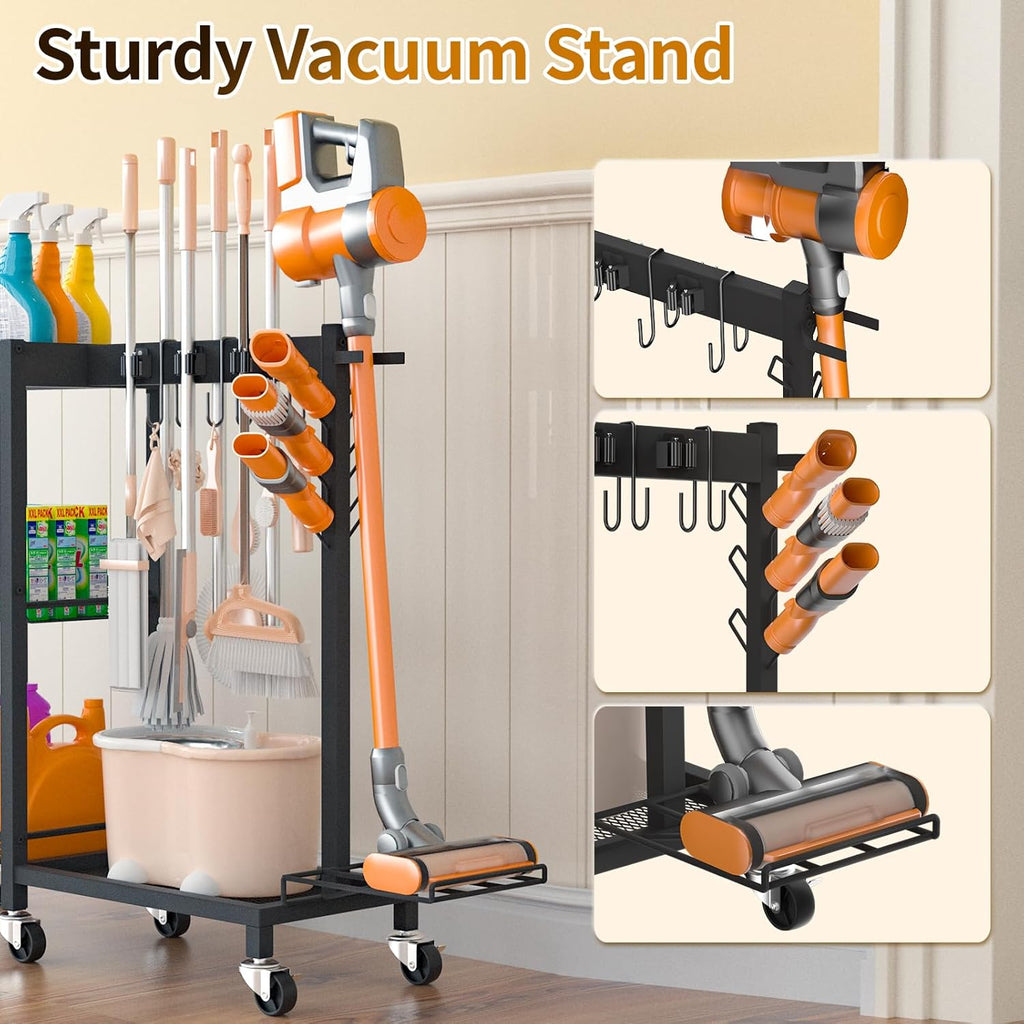Cleaning Supplies Organizer with Broom Holder Load 350 LBS Cleaning Cart with Wheels Broom Closet
