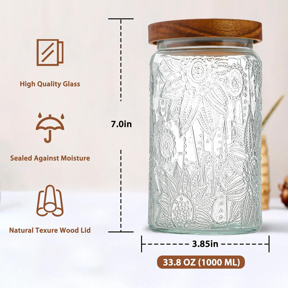 34 OZ Glass Storage Jar with Airtight Bamboo Wooden Lids, Vintage Food Containers Canisters Sets
