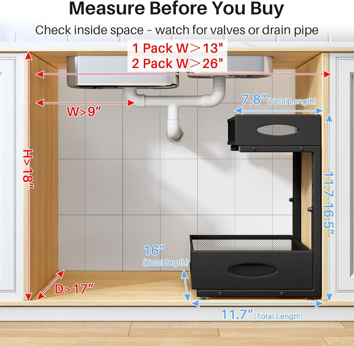 Under Sink Organizer, 2 Pack 2 Tier Pull Out Under Cabinet Organizer Shelf with Pad for Framed