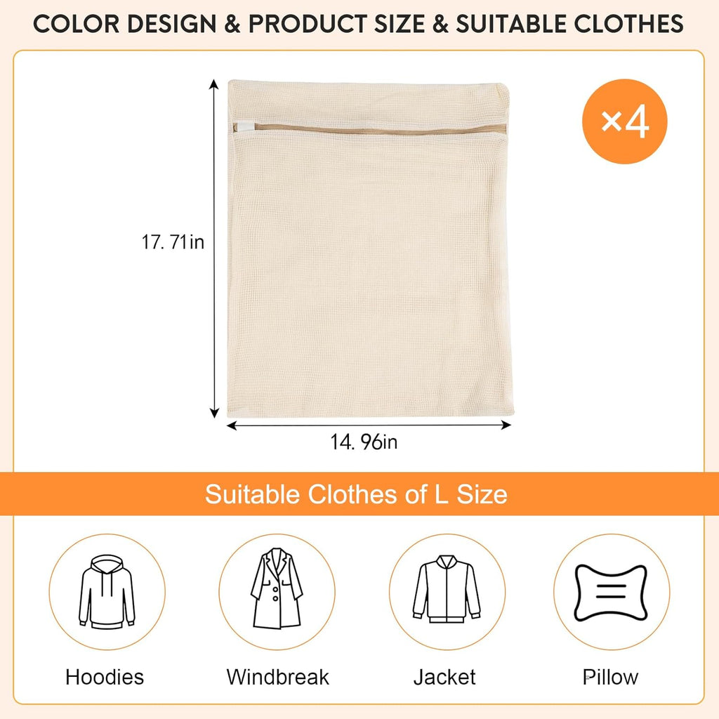 4-Piece Large Durable Organic Cotton Mesh Laundry Bags with Sturdy Zippers and Breathable Mesh are