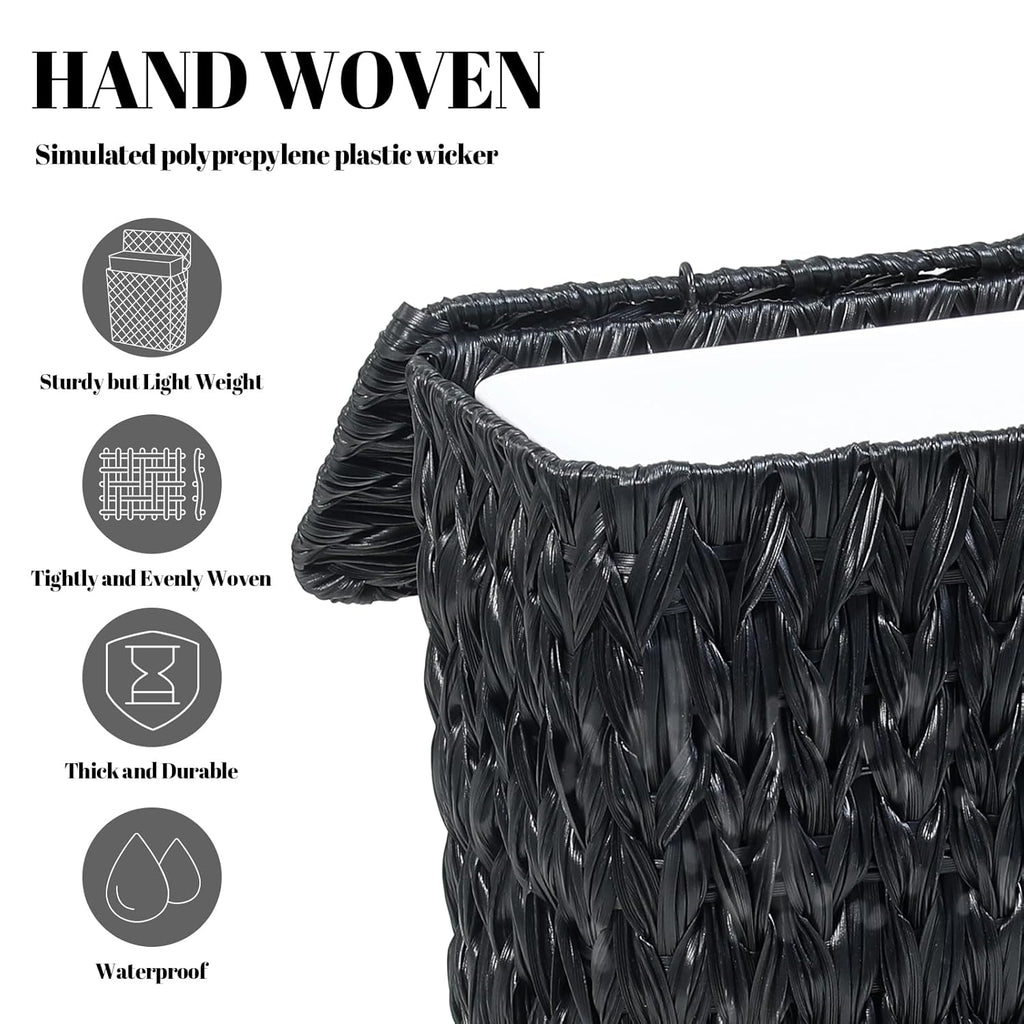 Black Wicker Trash Can with Lid and Liner,Waterproof Narrow Waste Basket for