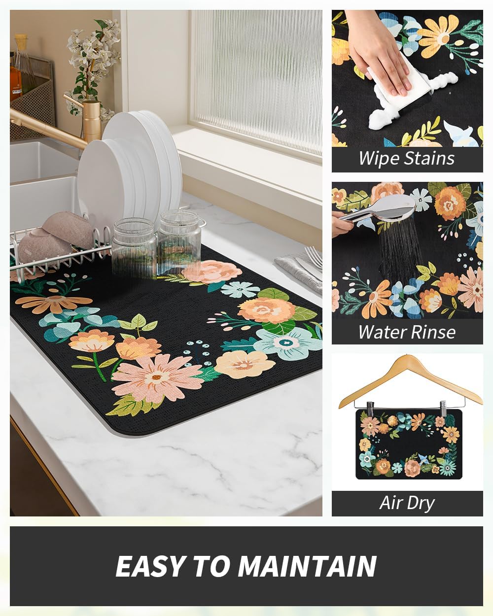 AMOAMI Coffee Mat Hide Stain Rubber Backed Absorbent Dish Drying Mat for Kitchen Counter - Bar