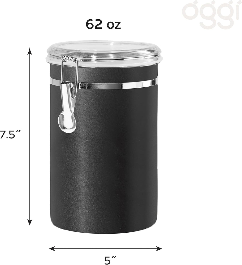 Oggi Stainless Steel Kitchen Canister 62 fl oz, Black - Airtight Clamp Lid, Clear See-Thru Top