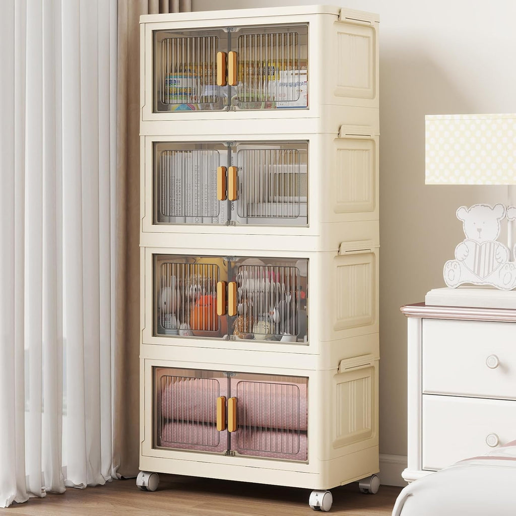 4 Tier Stackable Plastic Storage Bins with Lids 58QT, Collapsible Closet Organizers and Storage