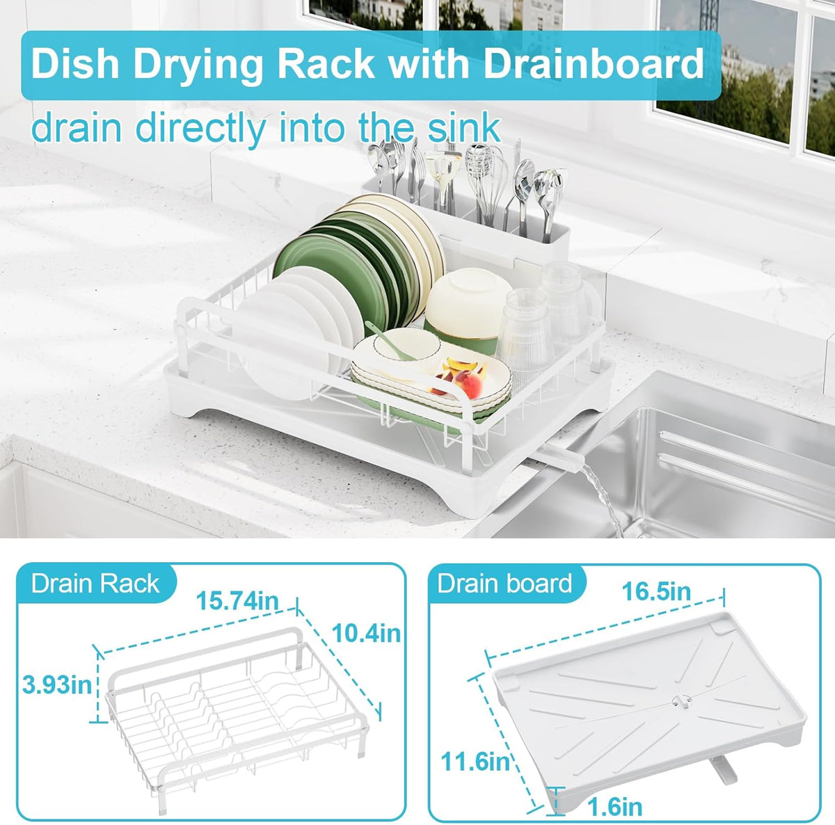 Dish Drying Rack for Kitchen Counter - Large Capacity Dish Drying Rack with Drainboard, Kitchen