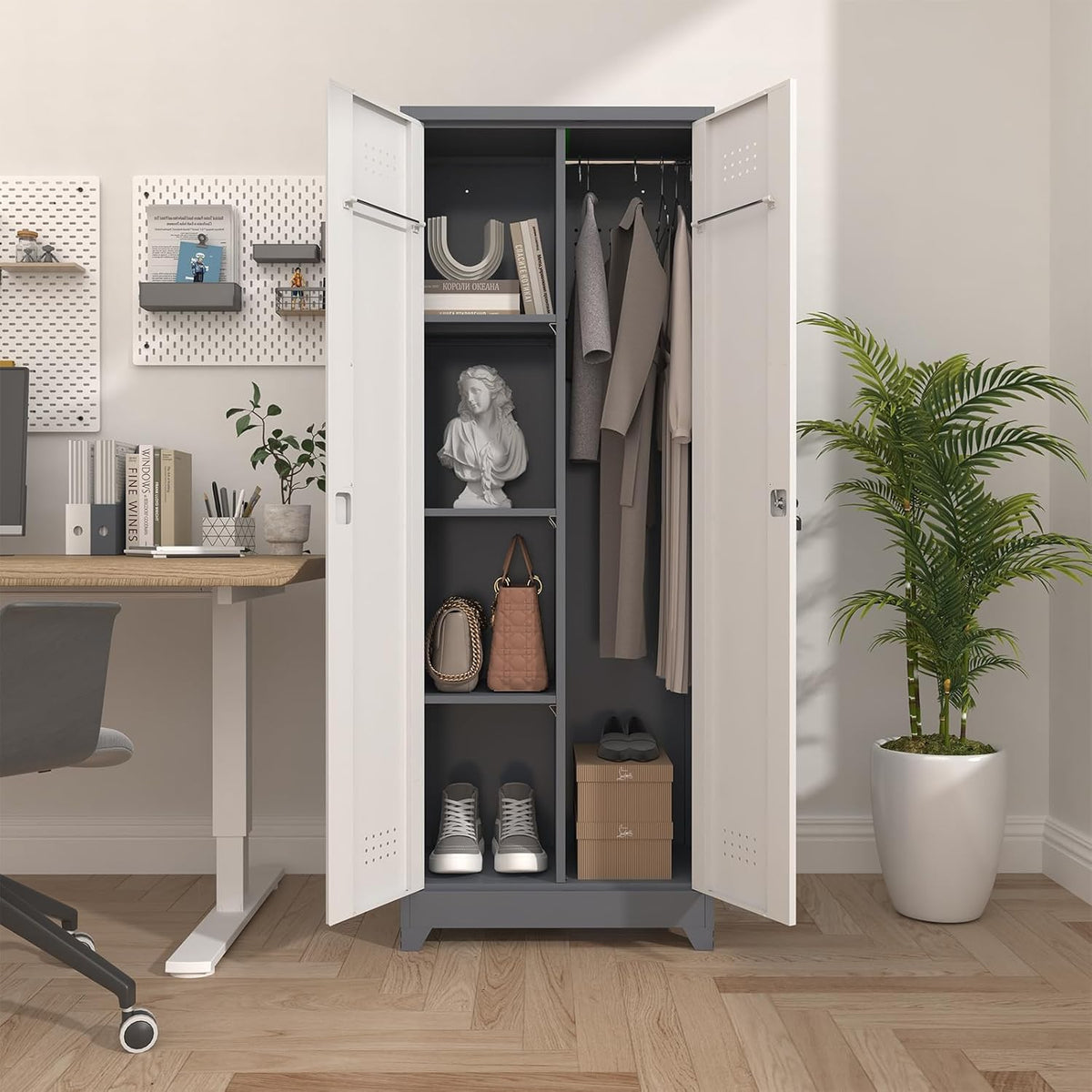Broom Closet, Metal Storage Cabinet with Hanging Rod, 65" Broom Tool Organizer, Metal Cabinet with