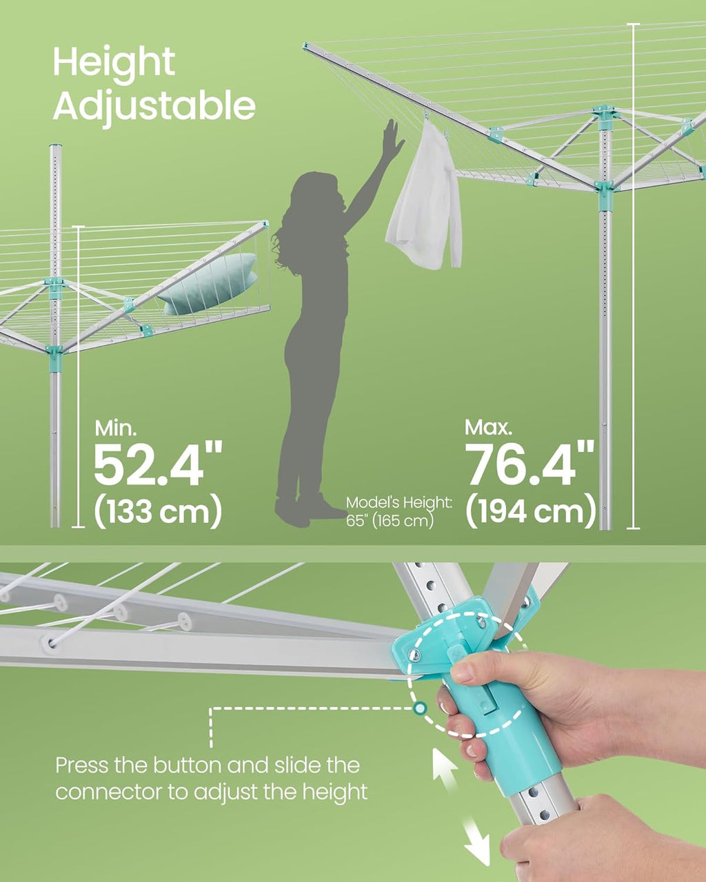 SONGMICS Umbrella Drying Rack, Retractable Outdoor Drying Rack, Height Adjustable, 197 ft Long