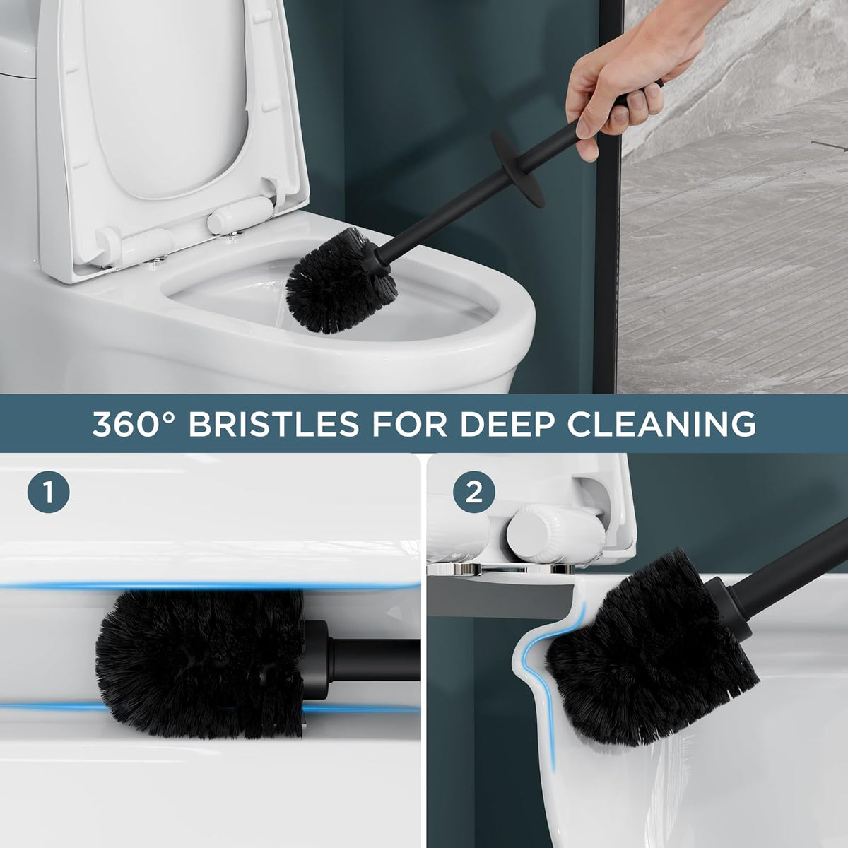 FORIOUS Toilet Brush and Holder Set Black, Heavy Duty 304 Stainless Steel Base and Long Handle