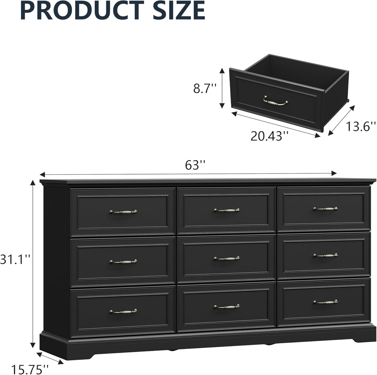 9 Drawer Dresser for Bedroom, 63" Wide Wooden Chest of Drawers, Rustic Farmhouse Dresser with Large