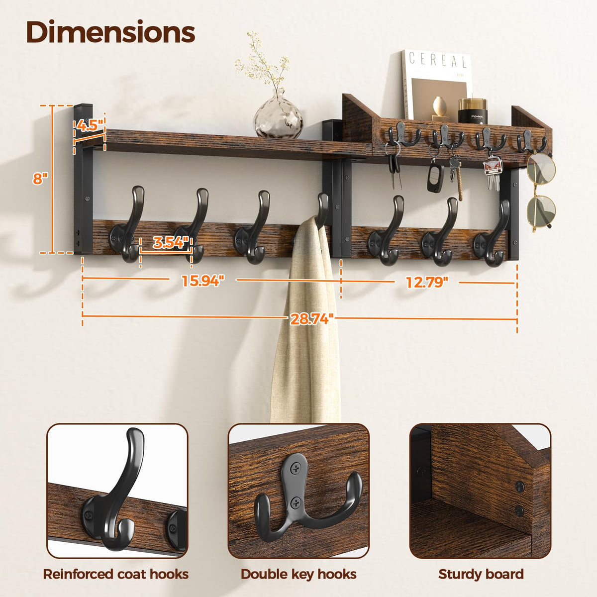 Evermagin 29" Coat Rack Wall Mount with Shelf for Entryway, Rustic Brown