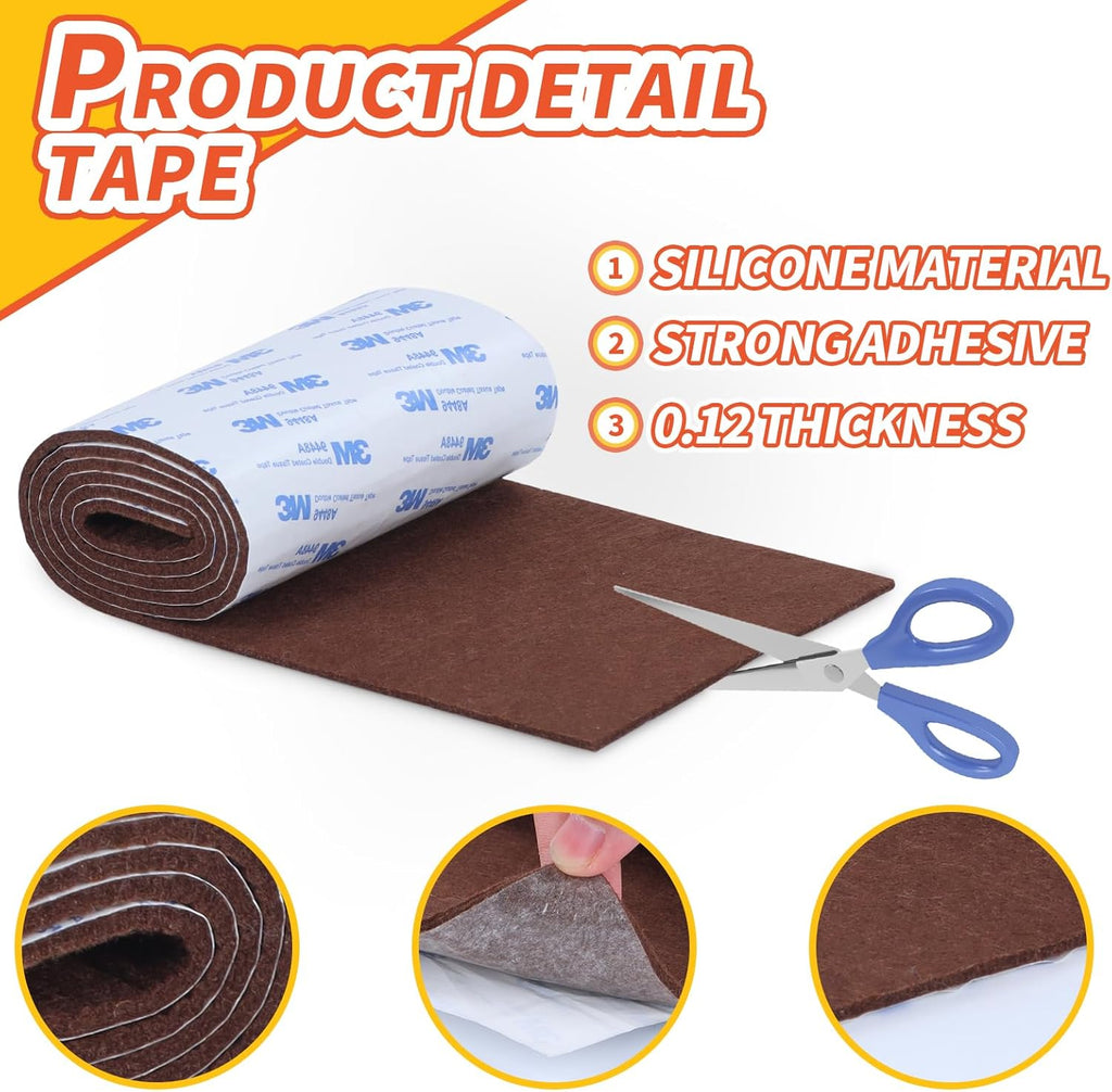 Felt Furniture Pads, Non Slip Self Adhesive Cuttable Felt Tape Brown Heavy Duty Felts Strip Roll
