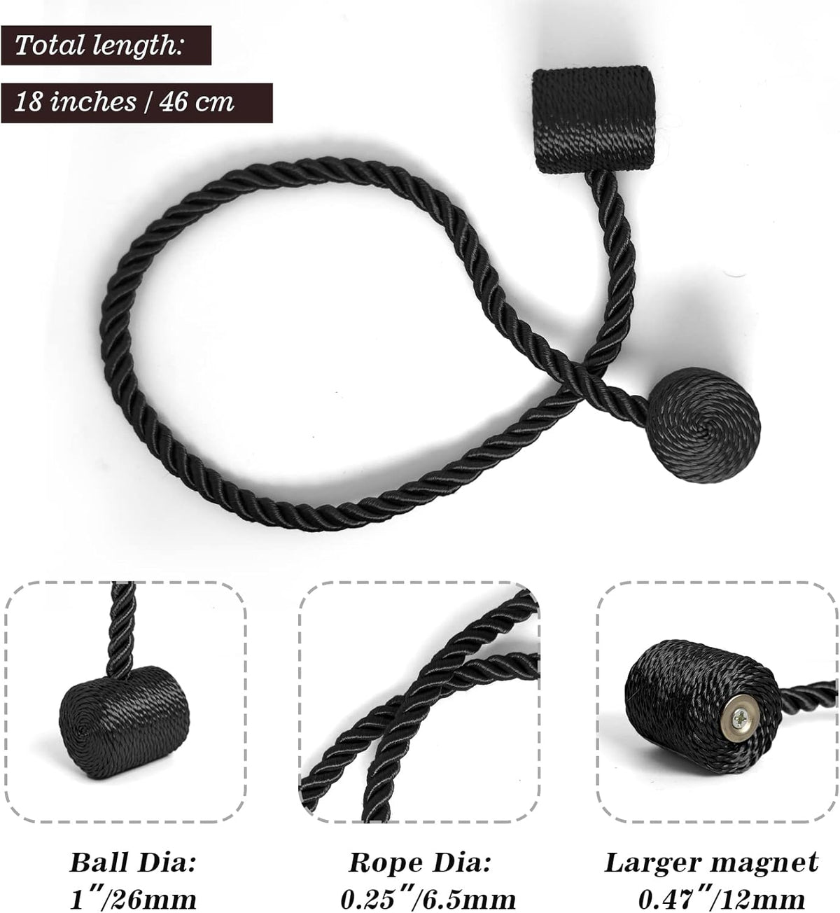 Hion Magnetic Curtain Tiebacks Black 6 Pack, Curtain Tiebacks Buckles Holdbacks Holders Hooks Clip