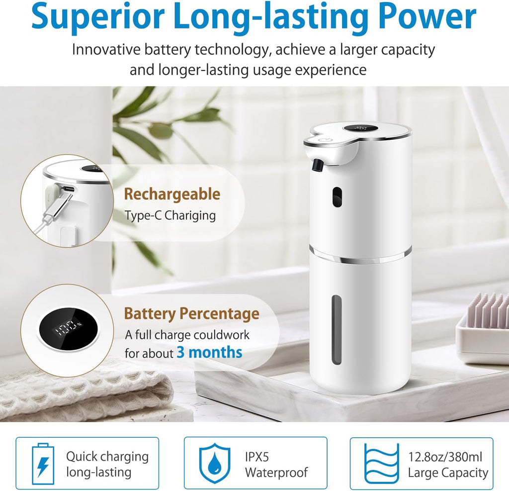 Automatic Liquid Soap Dispenser 12.8oz, Rechargeable & 6 Levels Soap Adjustable with Digital