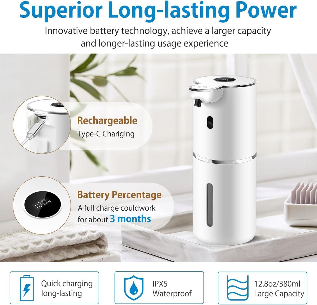 Automatic Foaming Soap Dispenser 12.8oz, Rechargeable & 6 Levels Foaming Adjustable with Digital