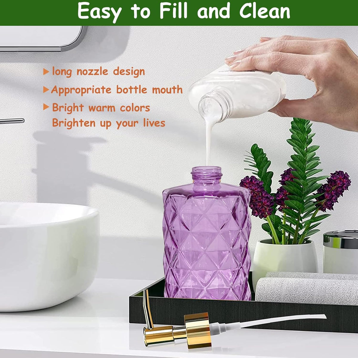 Glass Soap Dispenser with Gold Plastic Pump, 12oz Refillable Liquid Hand Soap Dispenser, Crystal