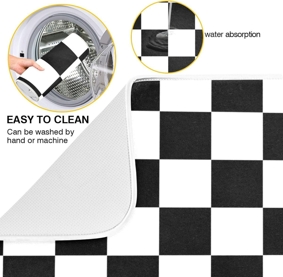 Black White Chessboard Dish Drying Mat for Kitchen Countertop 18x24 Plaid Checkered Rectangle Large