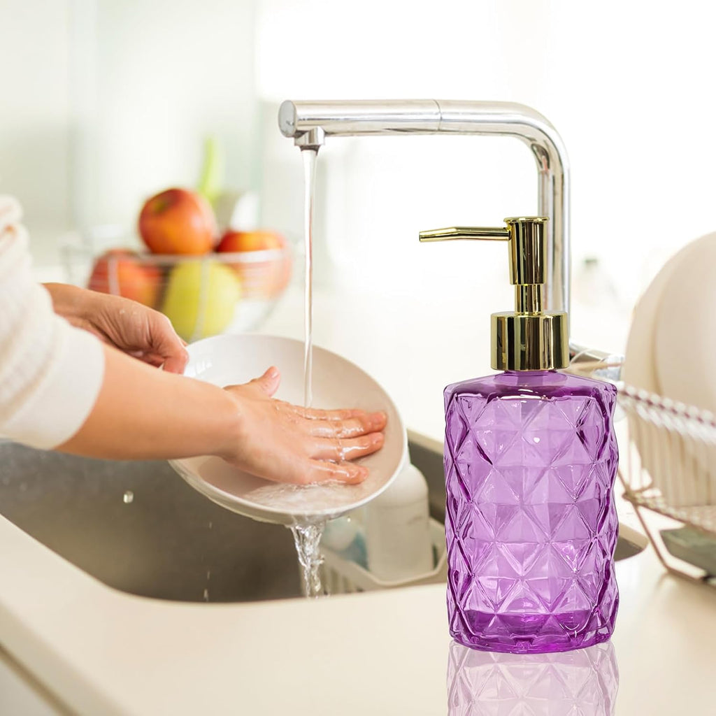 Glass Soap Dispenser with Gold Plastic Pump, 12oz Refillable Liquid Hand Soap Dispenser, Crystal