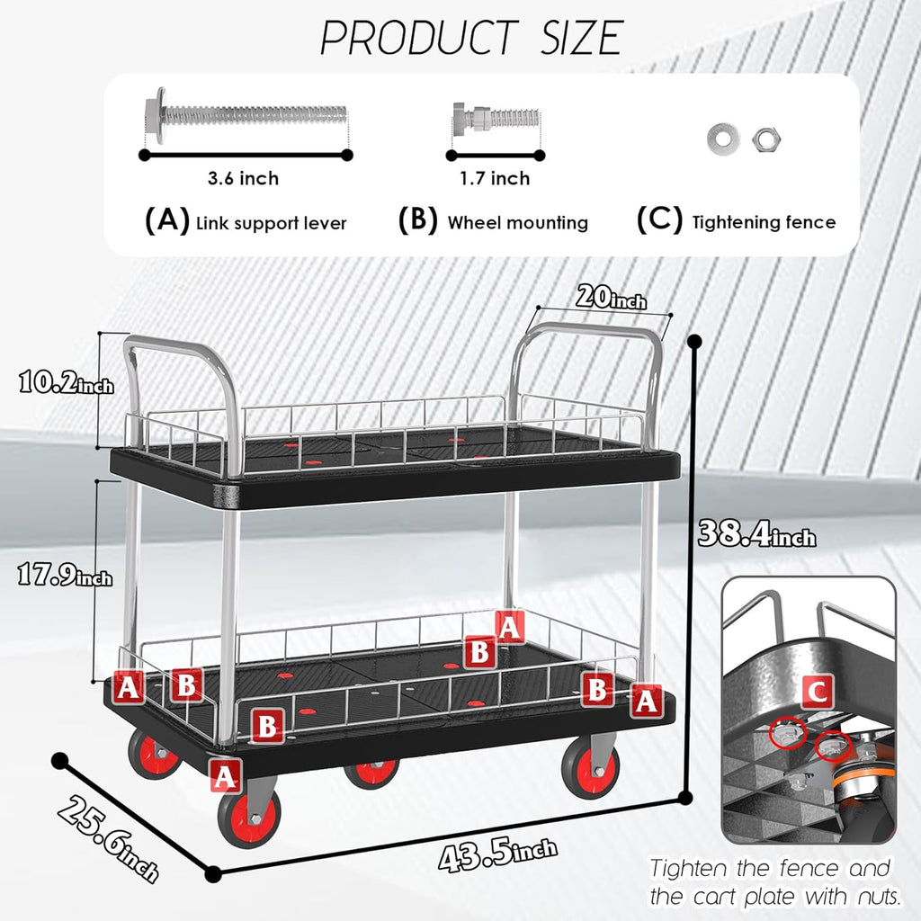 Utility Service Cart 2 Shelf - 880lbs Capacity Heavy-Duty Plastic Rolling Utility Carts with 5 of