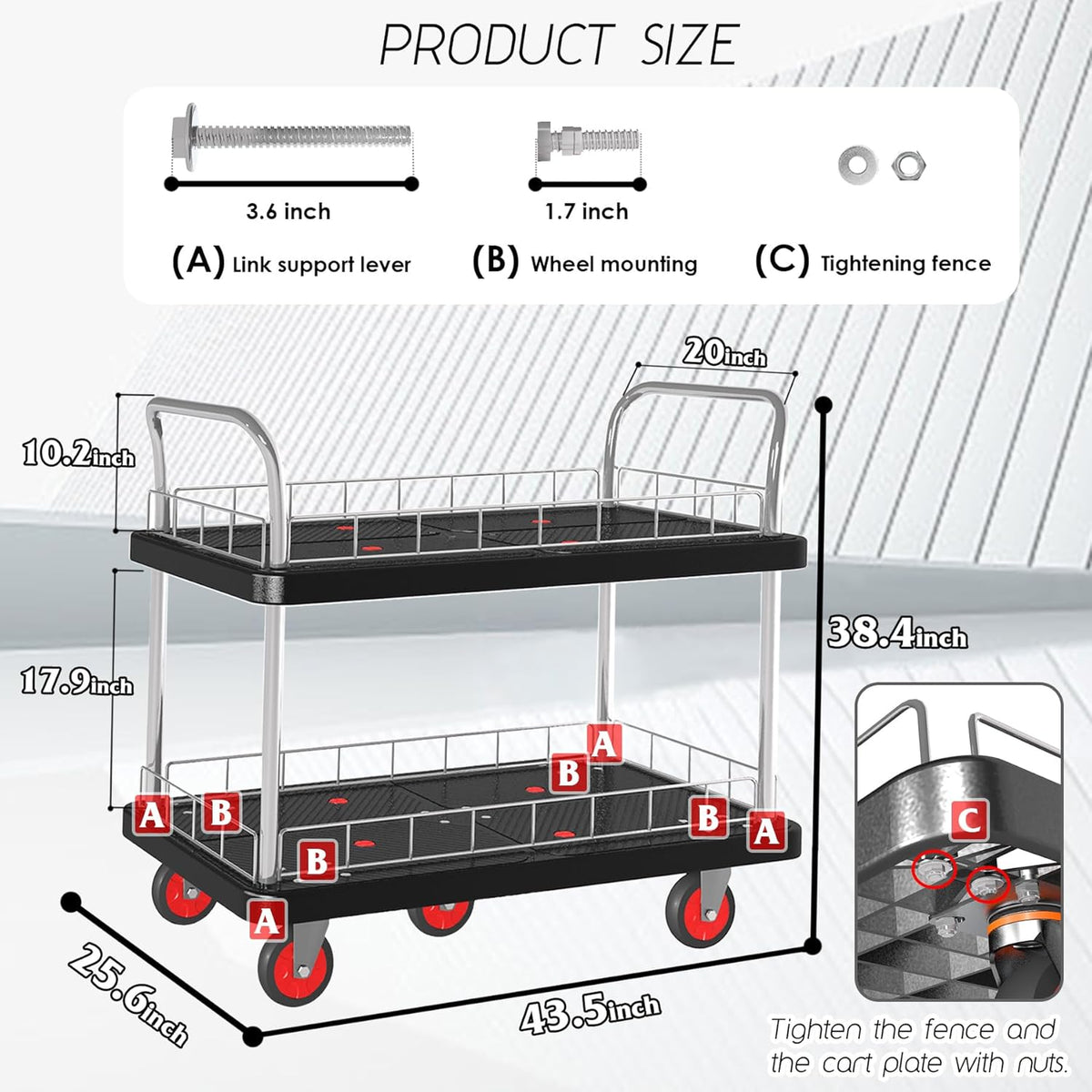 Utility Service Cart 2 Shelf - 880lbs Capacity Heavy-Duty Plastic Rolling Utility Carts with 5 of