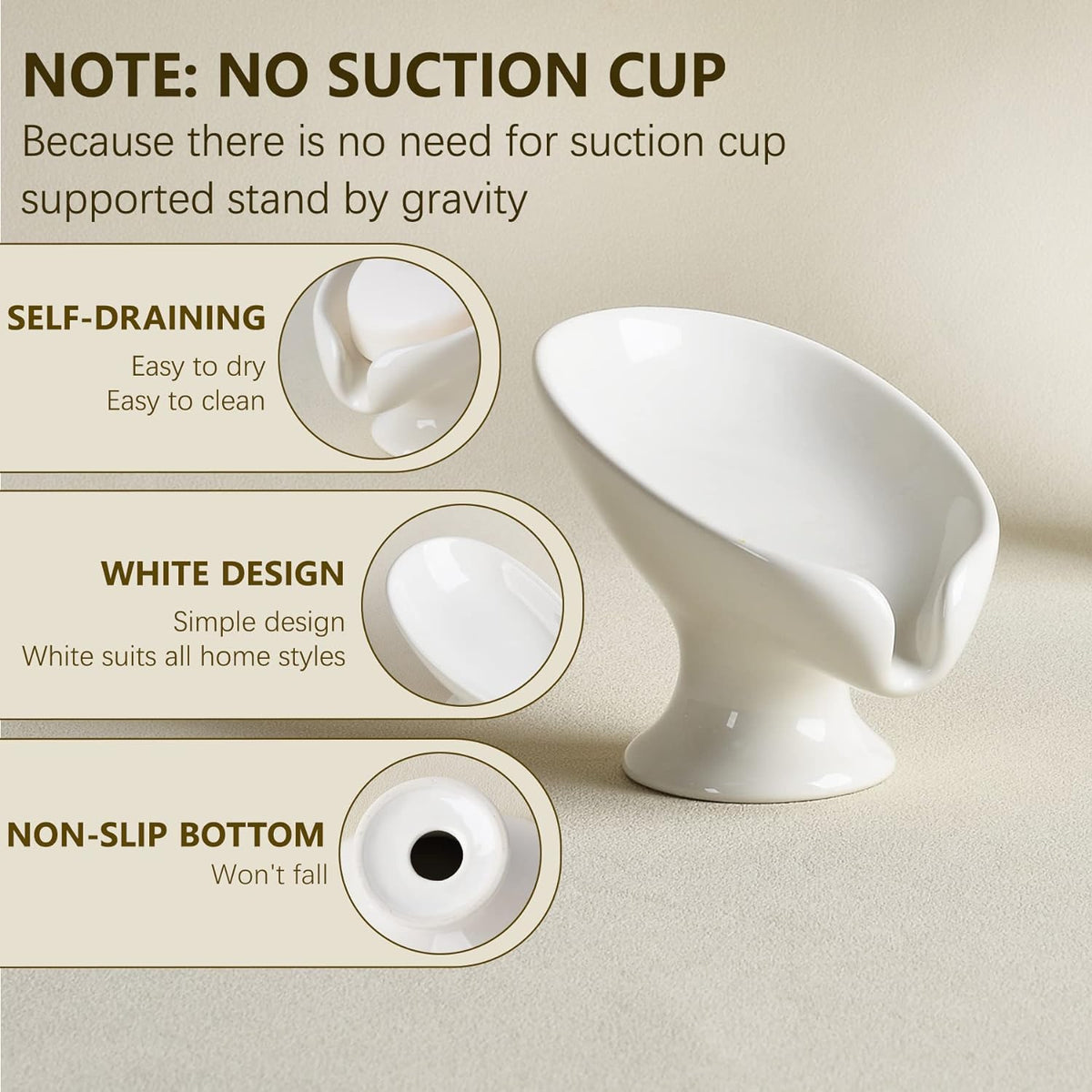 Soap Dish, Self Draining Bar Soap Holder for Bathroom Sink, Leaf-Shaped Drainage Ceramic Cream