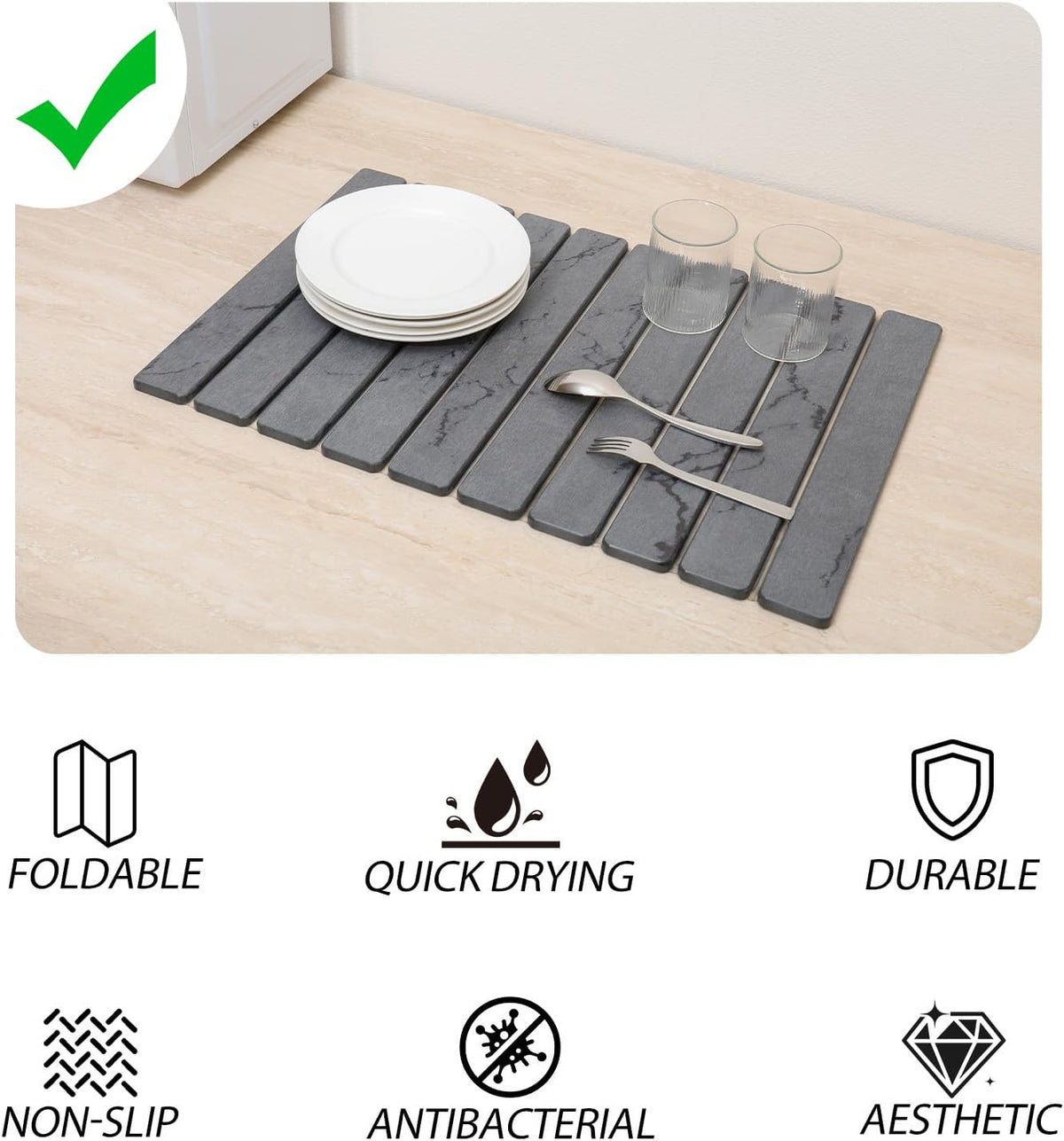 Stone Drying Mat for Kitchen Counter 24"×16" ,Large Dish Drying Mat with Drainage Grooves, Non-Slip