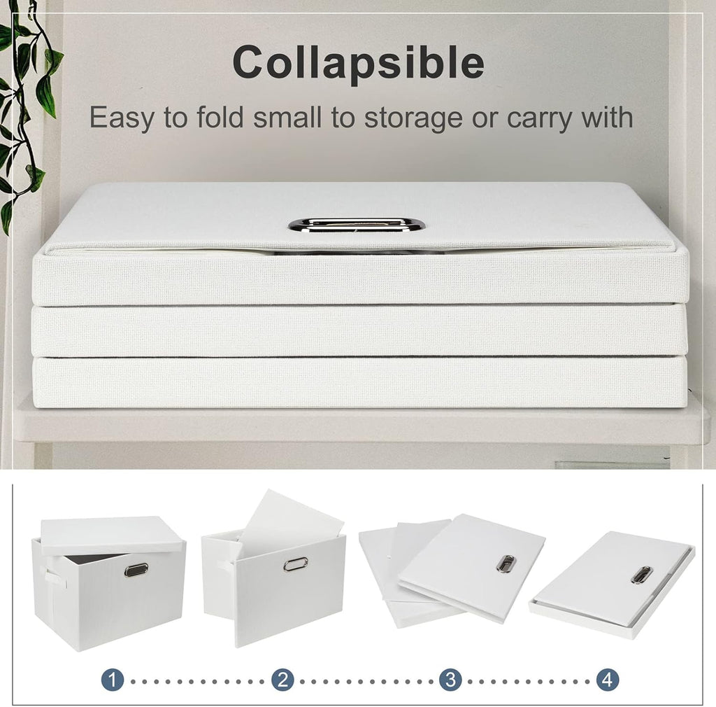 Large 17" 36 Quart Collapsible Stackable Storage Bins with Lids, 5 Packs White Linen Fabric Closet