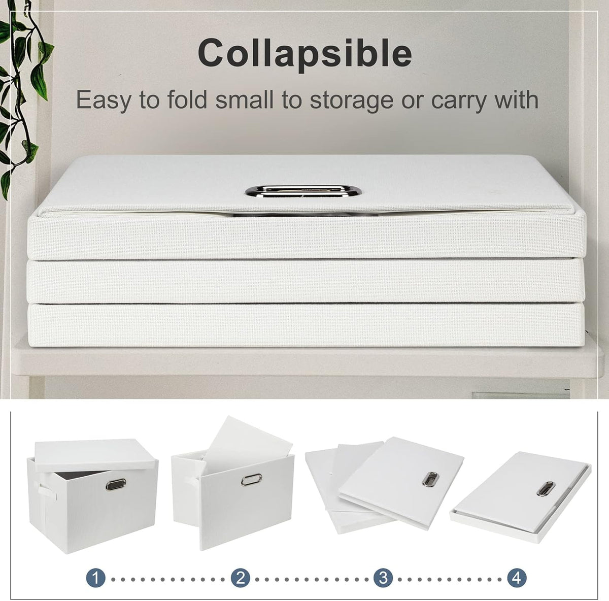 Large 17" 36 Quart Collapsible Stackable Storage Bins with Lids, 3 Packs White Linen Fabric Closet