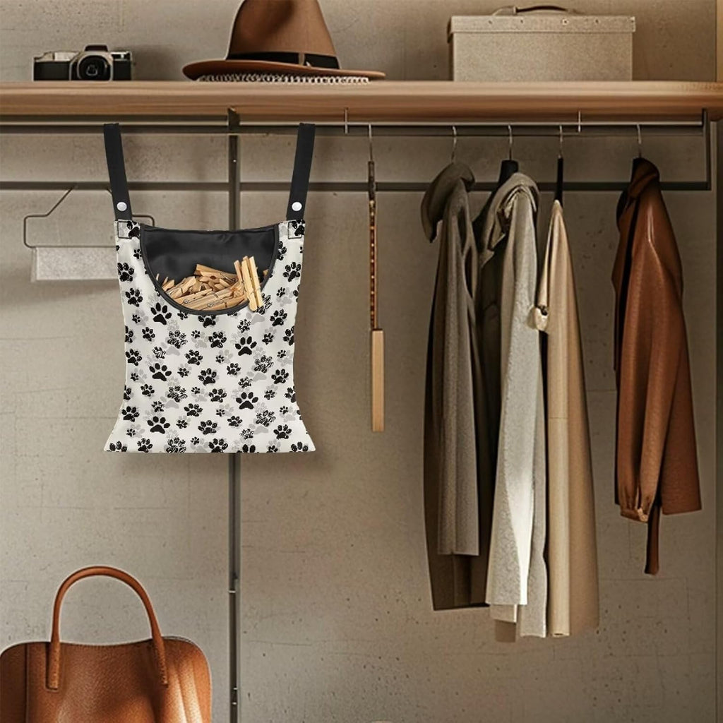 Dog Paw Print Clothespin Bag with Hanging Hook Summer Laundry Clothes Pin Holder Waterproof Clothes