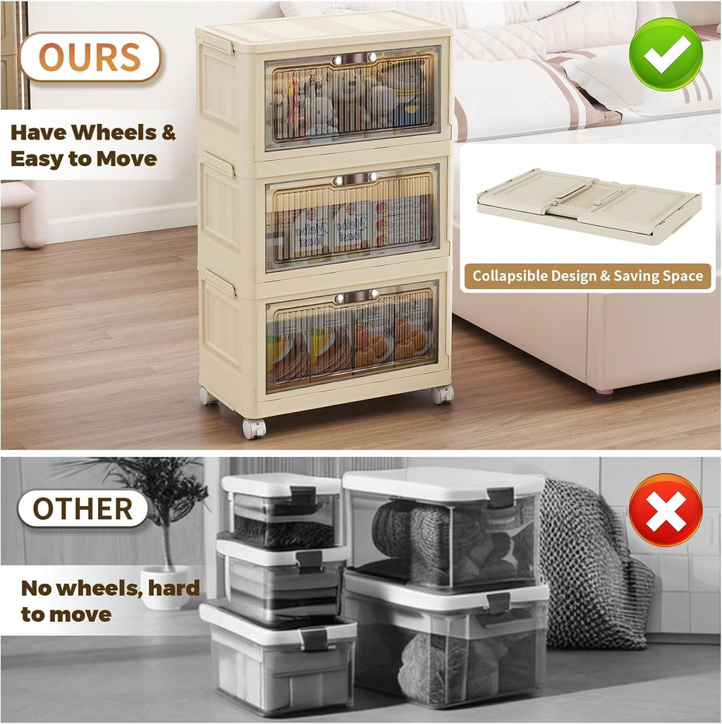 3 Tier - 34QT Storage Bins with Lids, Collapsible Storage Bins with Doors and Wheels, Plastic