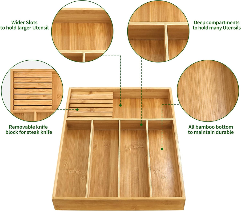 VaeFae Bamboo Silverware Organizer (Non-expandable), Utensil Holder for Drawer, Wooden Cutlery Tray