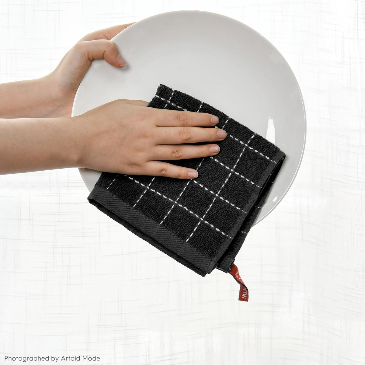 Artoid Mode Checkered Designed Cotton Black Grey Terry Kitchen Dish Cloths, 12x12 Inch Soft