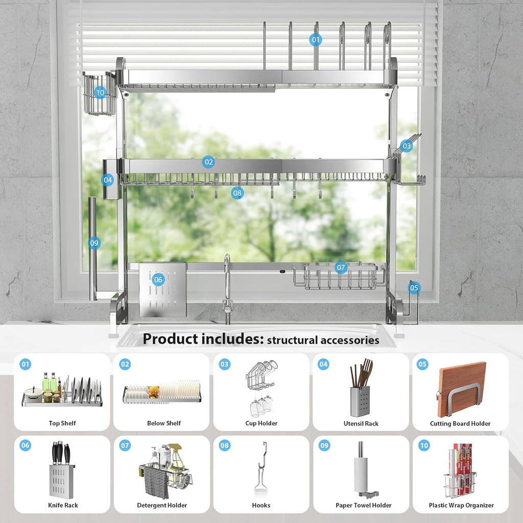 Over The Sink Dish Drainer Drying Rack, Full Stainless Steel 3-Tier Adjustable Length Over Sink