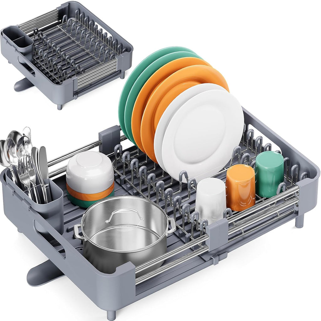 Dish Drying Rack for Kitchen Counter, Extendable Dish Rack with Drainboard, Expandable Dish