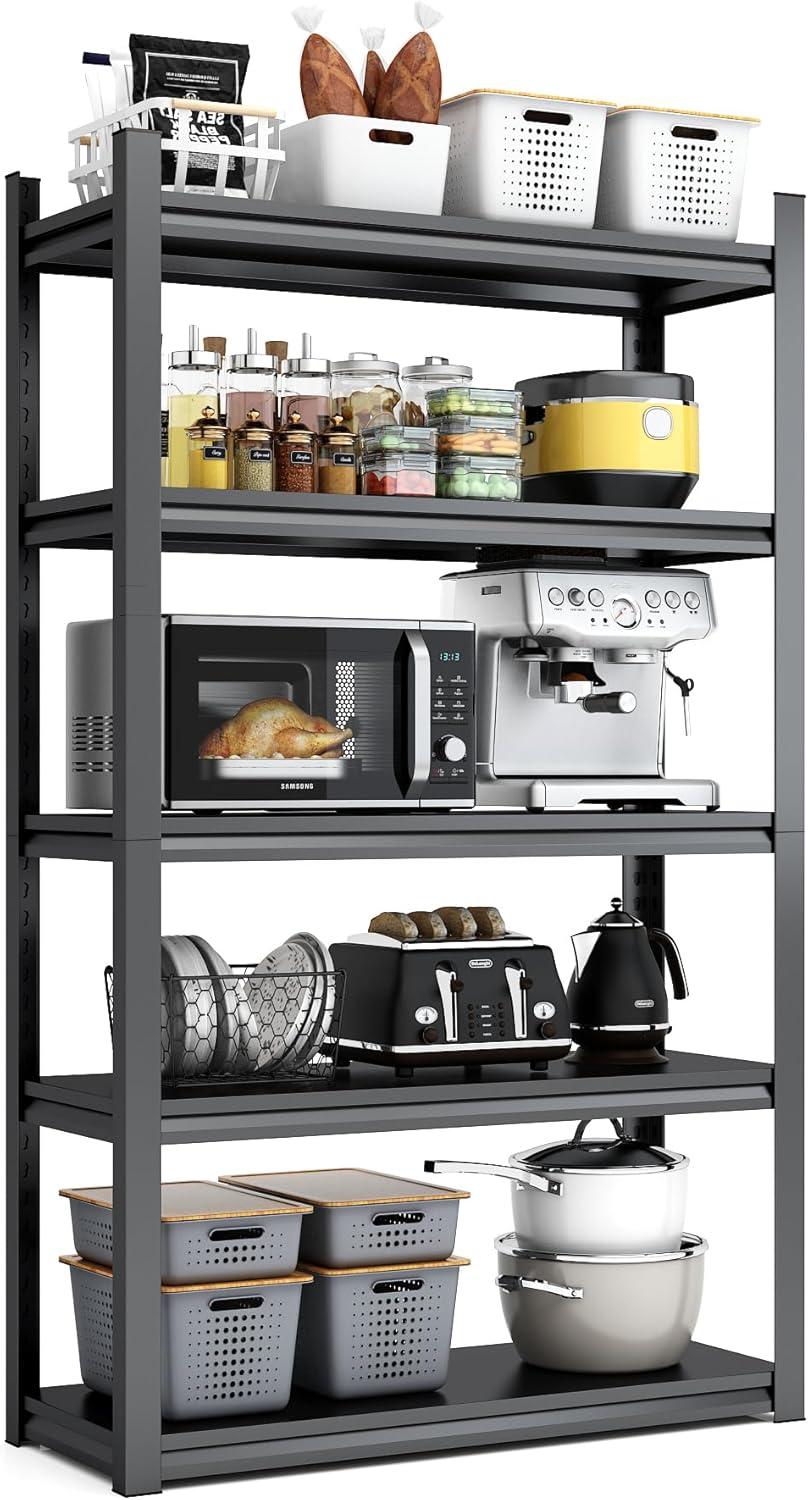 63" H Heavy Duty Garage Shelving, Metal Storage Shelves, Adjustable 5 Tier Metal Shelving Unit