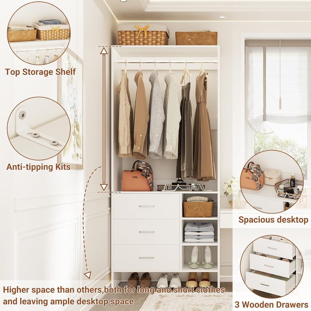Aheaplus 2.5FT Closet System with 3 Drawers, 29.5’’ Closet Organizer, Wood Closet Organizer System