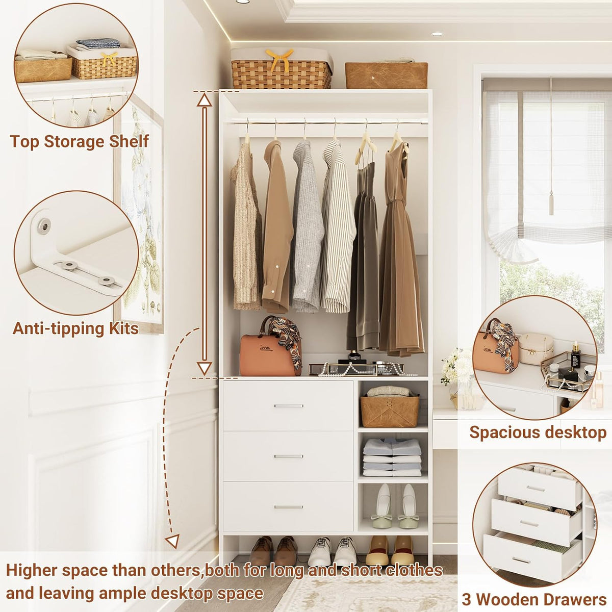 Aheaplus 2.5FT Closet System with 3 Drawers, 29.5’’ Closet Organizer, Wood Closet Organizer System