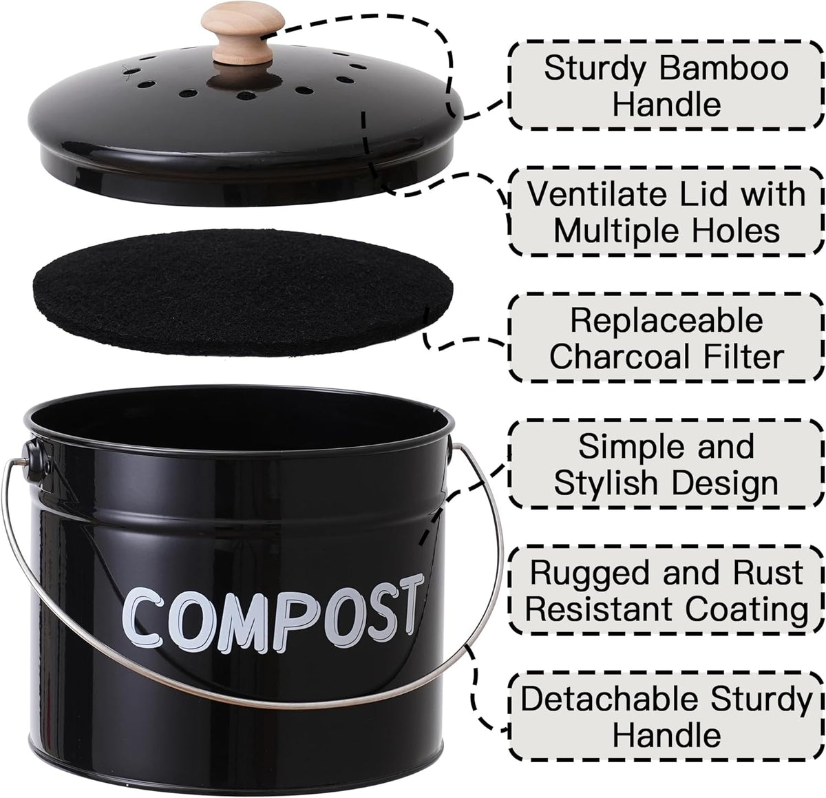 Compost Bin for Kitchen Counter, 1 Gallon Compost Bucket with Lid and Charcoal Filter, Countertop