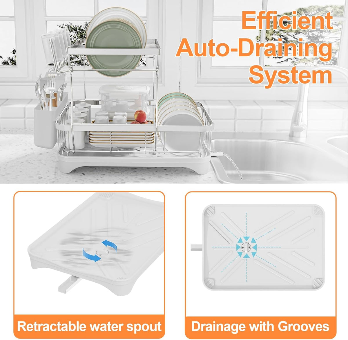 Dish Drying Rack - 304 Stainless Steel Dish Rack for Kitchen Counter, Adjustable Spout