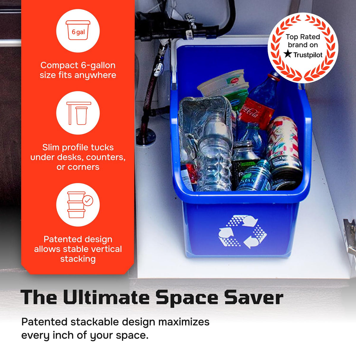 Multi Bin Recycling System with Three Stackable 6 Gallon Recycle Bins to Build Your Recycling