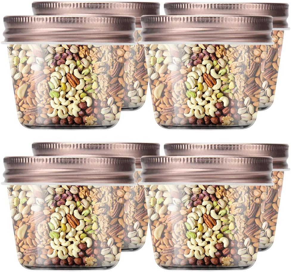 Novelinks 4 Ounce Clear Plastic Jars with Rose Gold Lids - Refillable Round Containers for Kitchen
