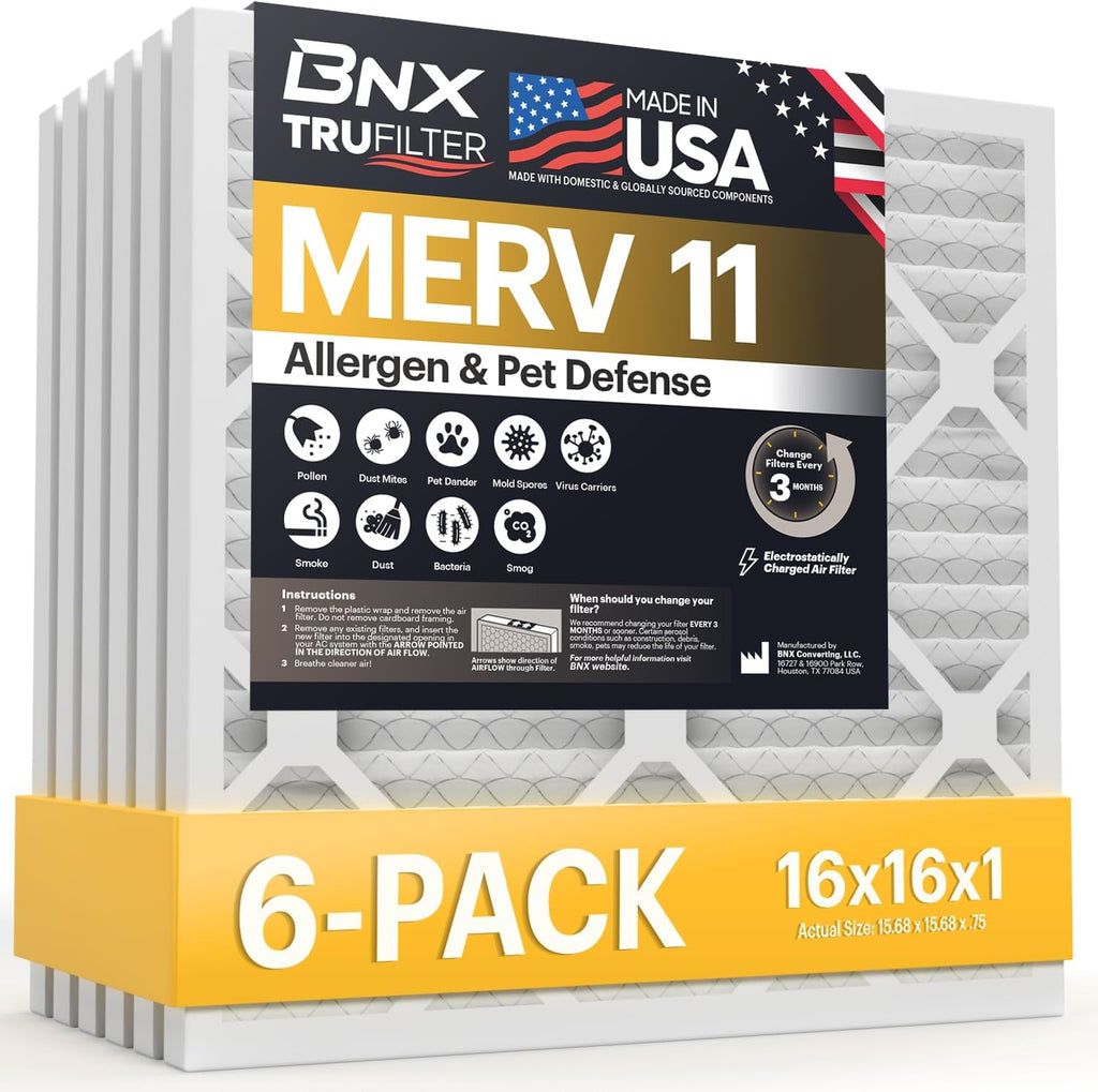 BNX TruFilter 16x16x1 Air Filter MERV 11 (6-Pack) - MADE IN USA - Allergen Defense Electrostatic