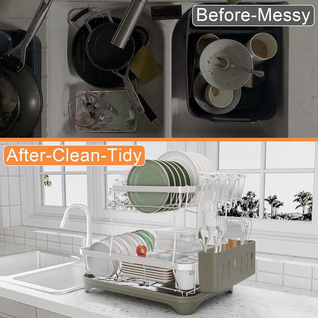 Dish Drying Rack, 2 -Tier 304 Stainless Steel Adjustable Spout Auto-Draining Dish Rack, Space