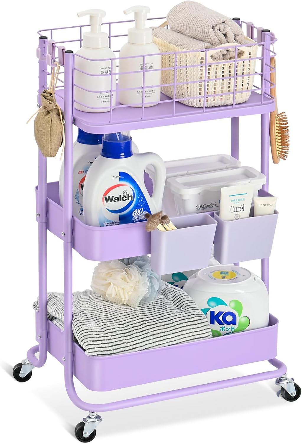 KINGRACK 3 Tier Rolling Cart, Metal Mobile Storage Shelf with Lockable Wheels, Prevent Falling