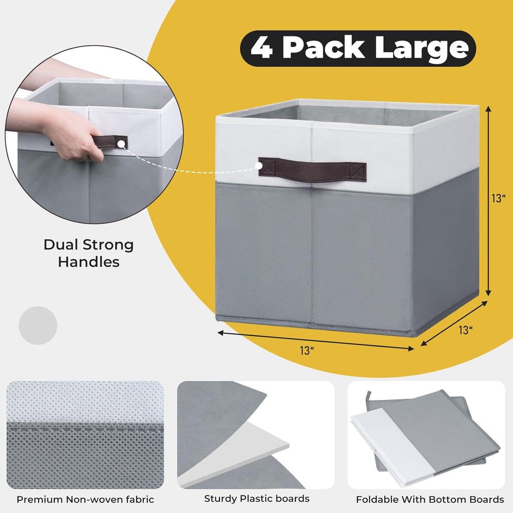 Criusia Fabric Storage Cubes - 13 Inch Large Storage Bins 4 Pack - Clothes Organizer Bins for