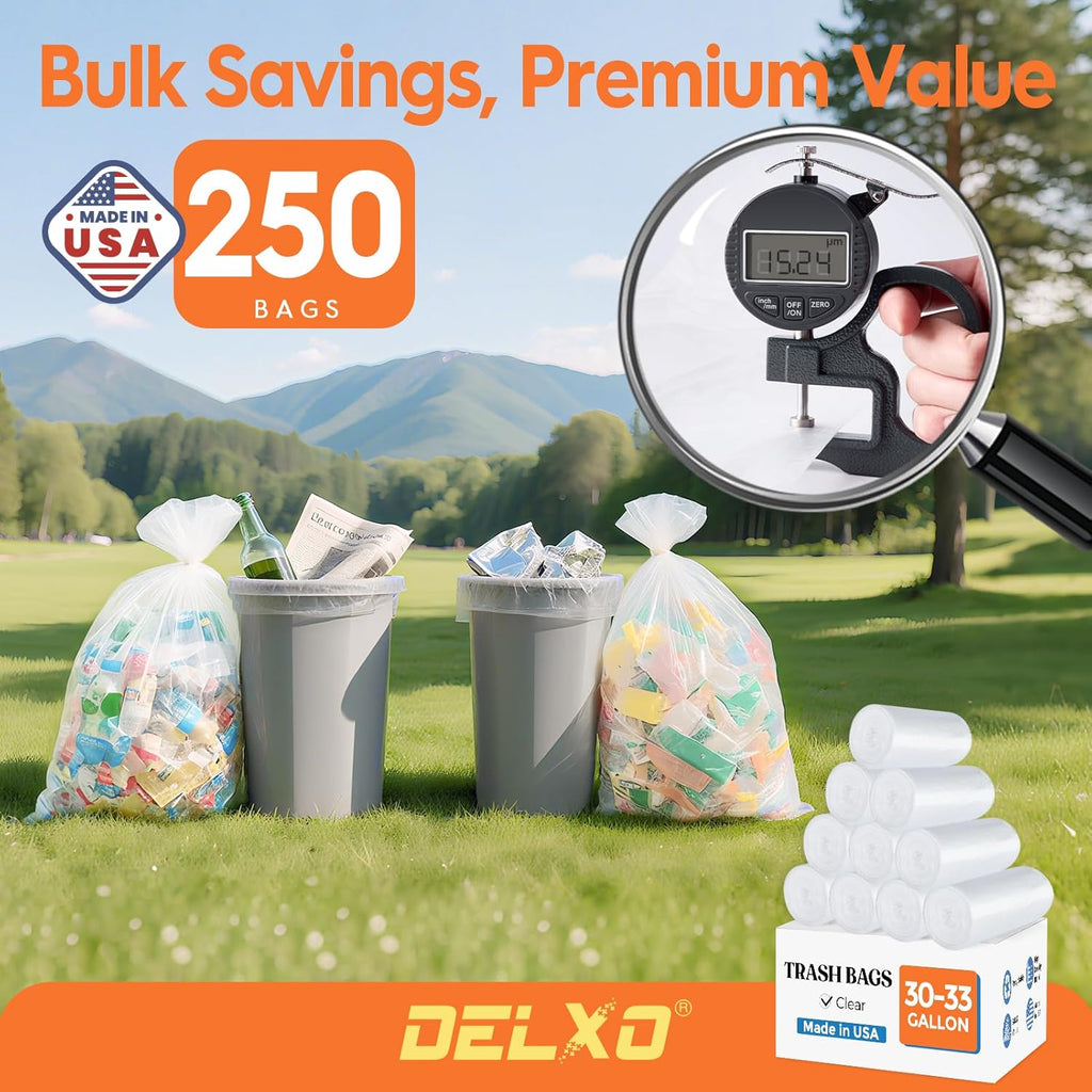 DELXO 30-33 Gallon Trash Bags, 250 Count Heavy Duty Large Clear Garbage Bags, Thick Durable and